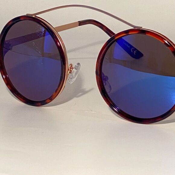 1356 Round Sunglasses Tortoise and Silver Frames Blue Mirror Lens NWT